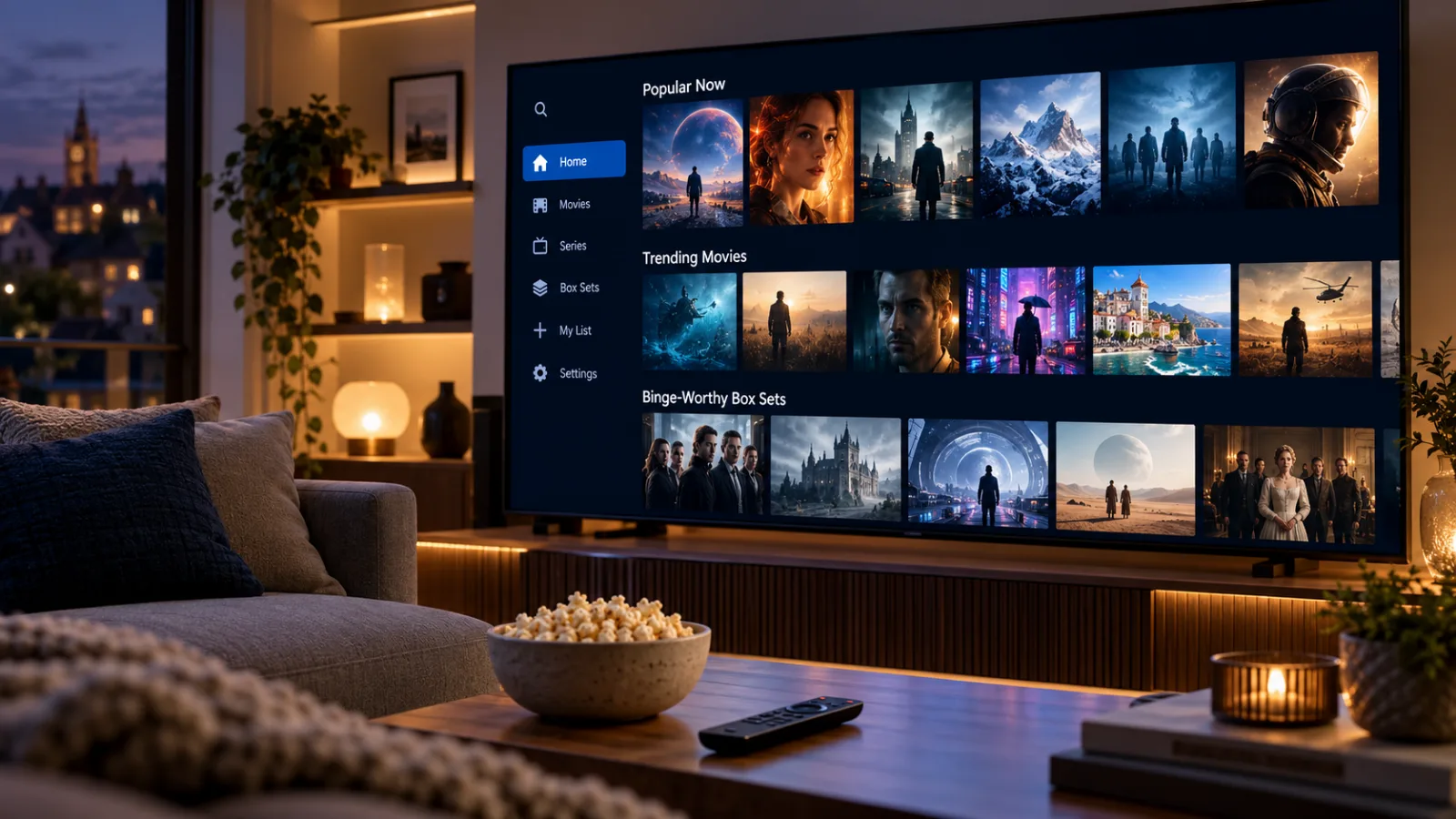 Illustrative movie and series library displayed on a television
